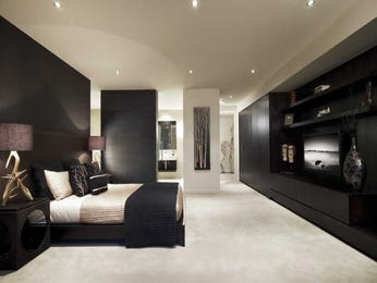 Modern bedroom design idea with wood panelling & built-in shelving 